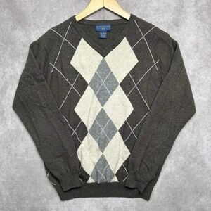 Joseph & Lyman Cashmere Sweater Mens Small Gray Brown Argyle V Neck Knit